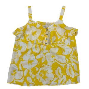 Ann Taylor Loft Sz XS Yellow White Floral Tank Top Tiered Button Detail Polyeste